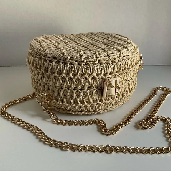 Haute Hippie Woven Raffia/Straw Crossbody Bag Gold Chain Strap - Picture 7 of 16
